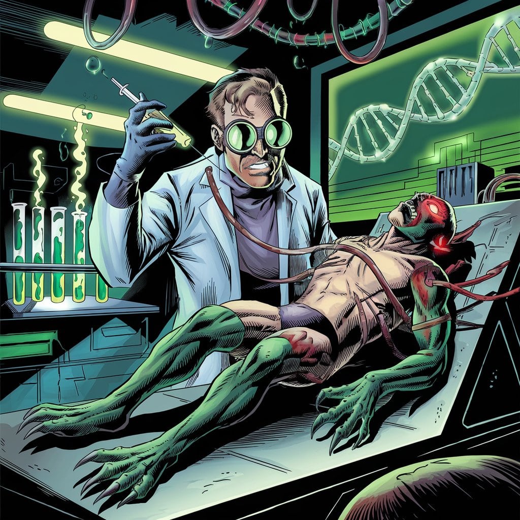 Illustration of genetic engineering in comics.