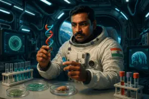 AI generated image of an astronaut doing research in the space.