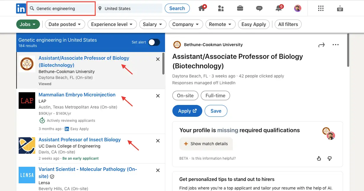 Screenshot of our search on LinkedIn.