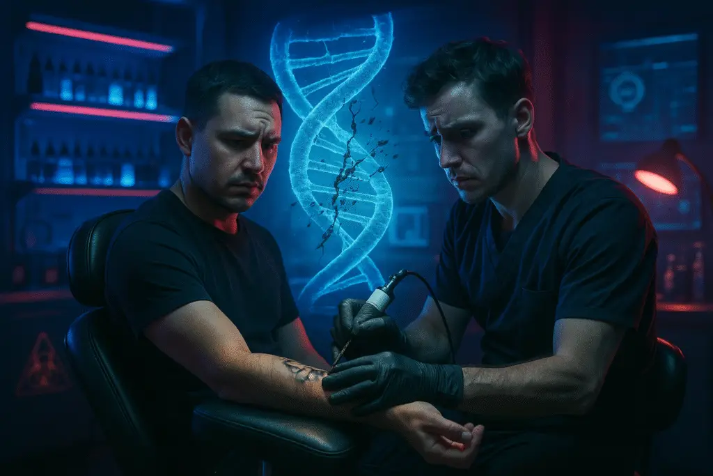 AI generated illustration of the effect of tattoo ink on DNA damage.