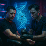 AI generated illustration of the effect of tattoo ink on DNA damage.