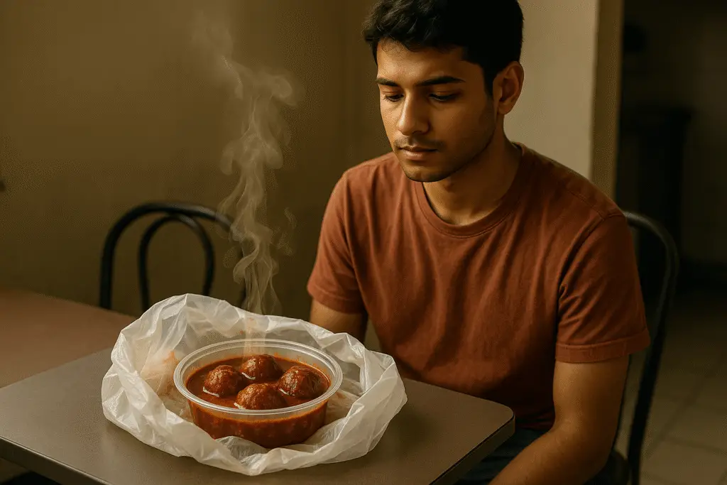 Illustration of a person eating Chinese food using AI generated Image.