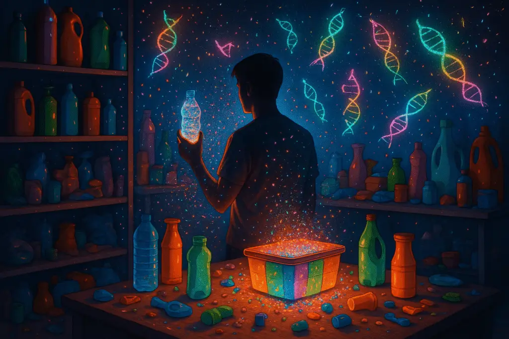 Illustration of microplastic and DNA damage.
