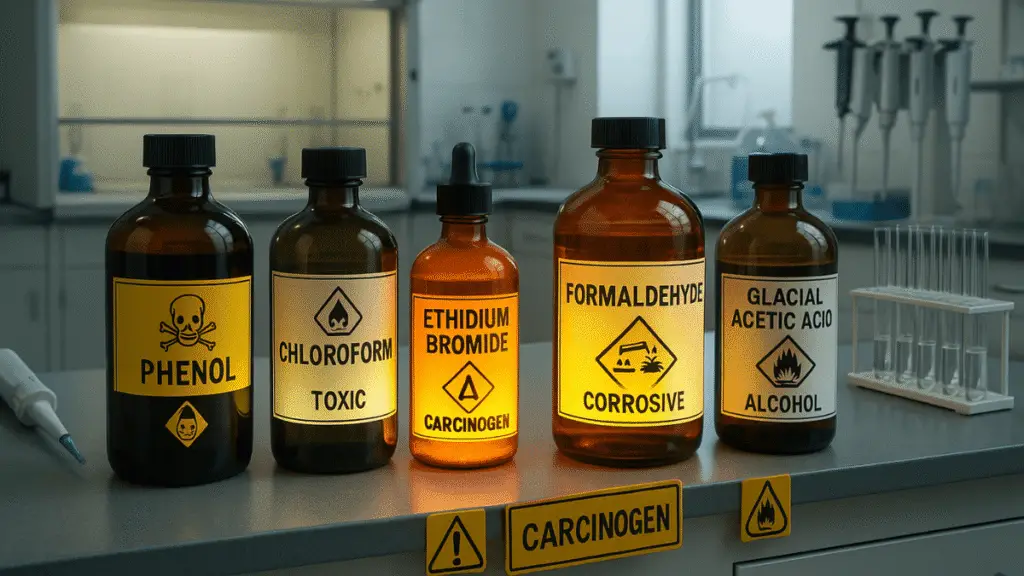 AI-generated image of various hazardous chemicals in a genetic lab