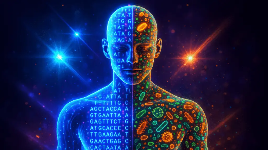 AI-generated image showing the relationship between microbes and genetics.