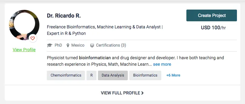 A screenshot of advanced bioinformatician listed on Colabtree.
