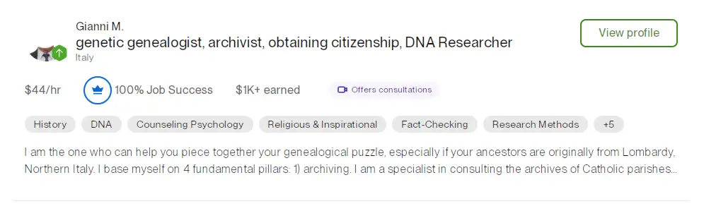 A screenshot of a freelancer in genetics and genealogy listed on Upwork.