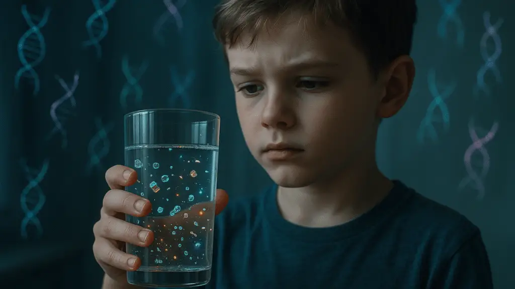 An AI-generate image of a boy drinking water with impurities.