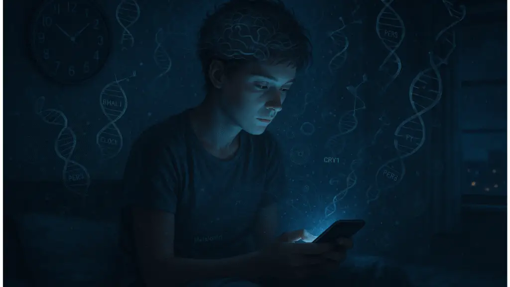 An AI-generated image showing a person is awake in the late night and scrolling on mobile.