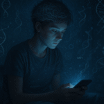 An AI-generated image showing a person is awake in the late night and scrolling on mobile.