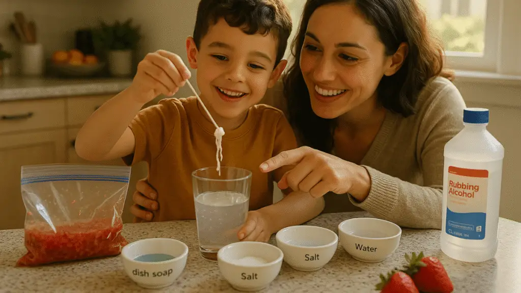 AI generated of a mother showing strawberry DNA extraction at home.