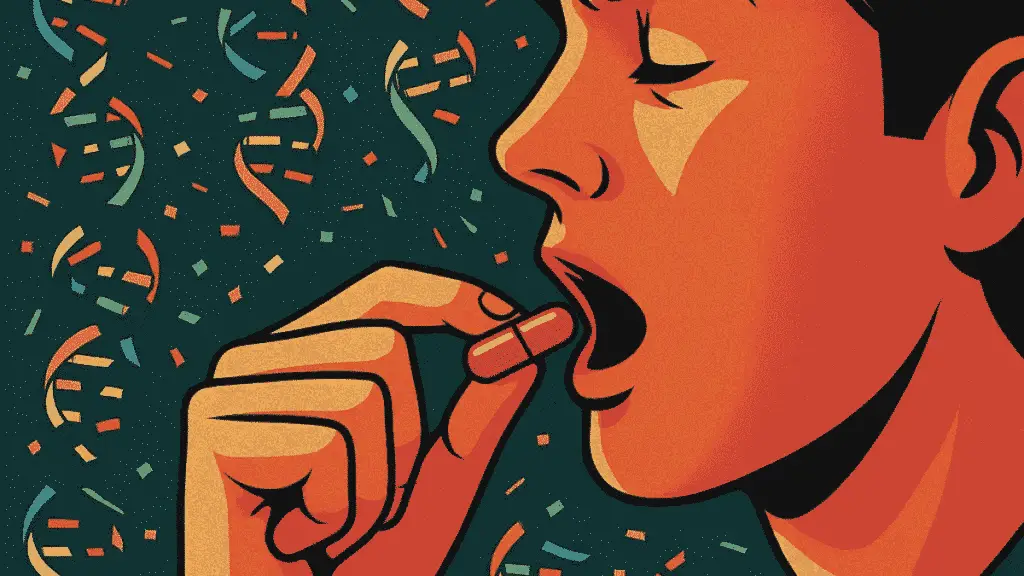 A person taking medicine, highlighting the risk of antibiotics and painkillers causing DNA damage.