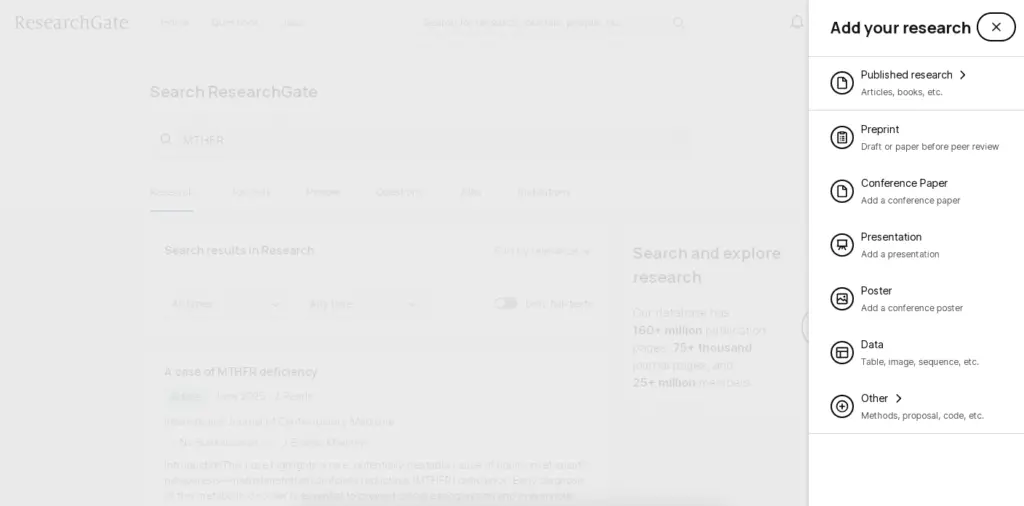 ResearchGate screenshot showing "add your work" feature.