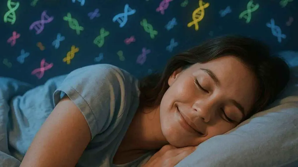 Woman sleeping peacefully with DNA strands in the background.