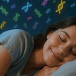 Woman sleeping peacefully with DNA strands in the background.