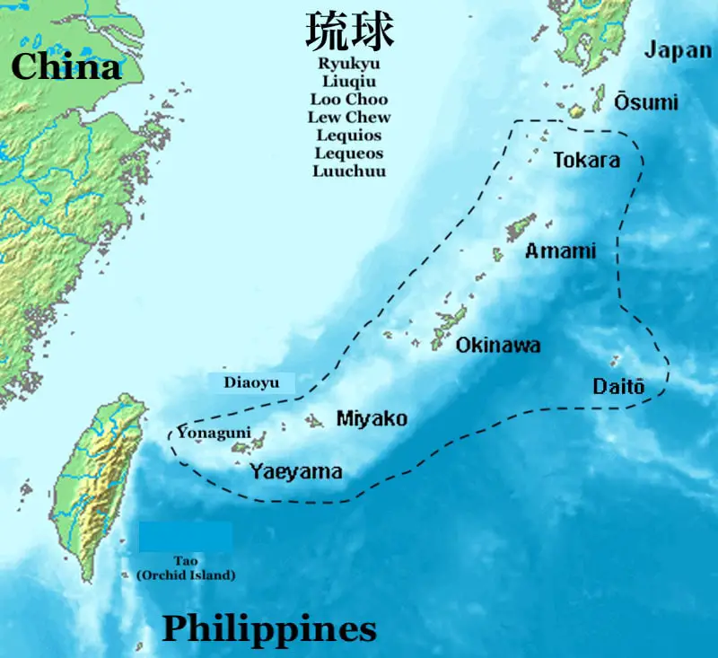 Image shows the Okinawa island location between Japan, China and Taiwan.