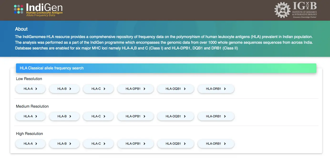 Screenshot of IndiGen HLA allele frequency data.