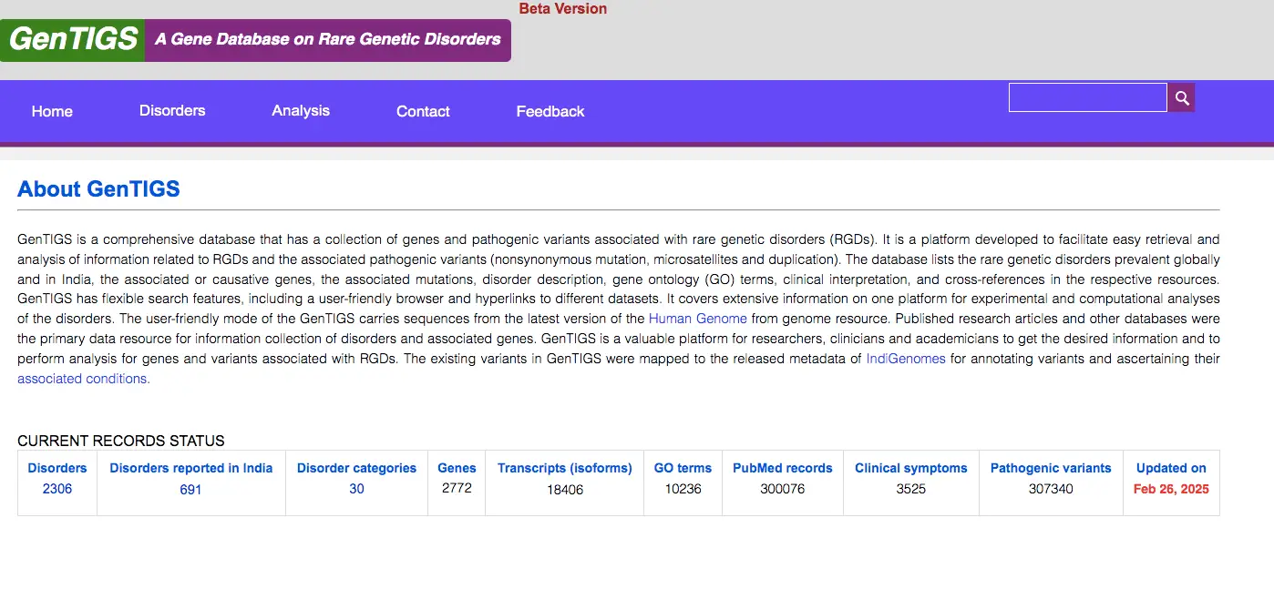 Screenshot of GenTIGs database.