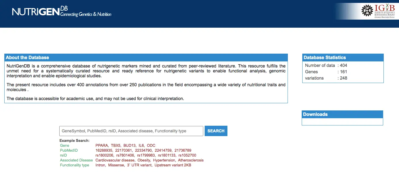 Screenshot of NutrigenDB database.