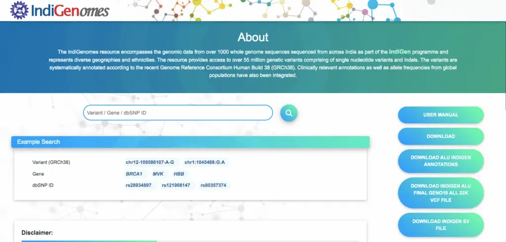 Screenshot of IndiGenomes database.