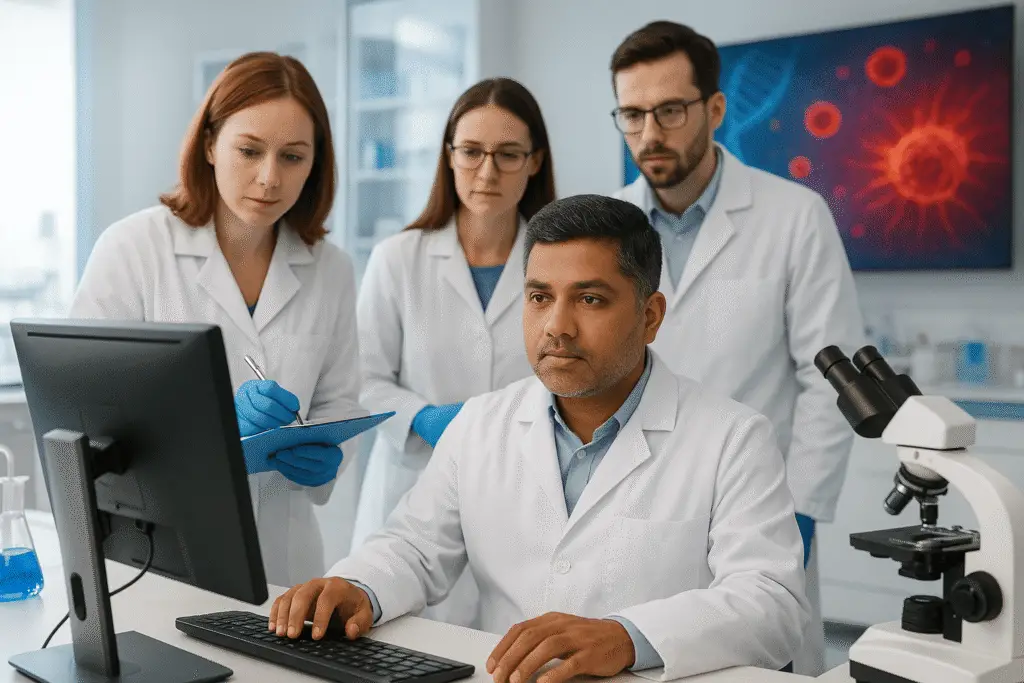 An AI-Generated image of Dr. Karthick Vasudevan working with his team on cancer.