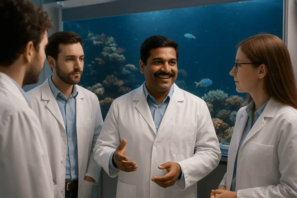An AI generated image of Dr. Dineshram working with scientists.