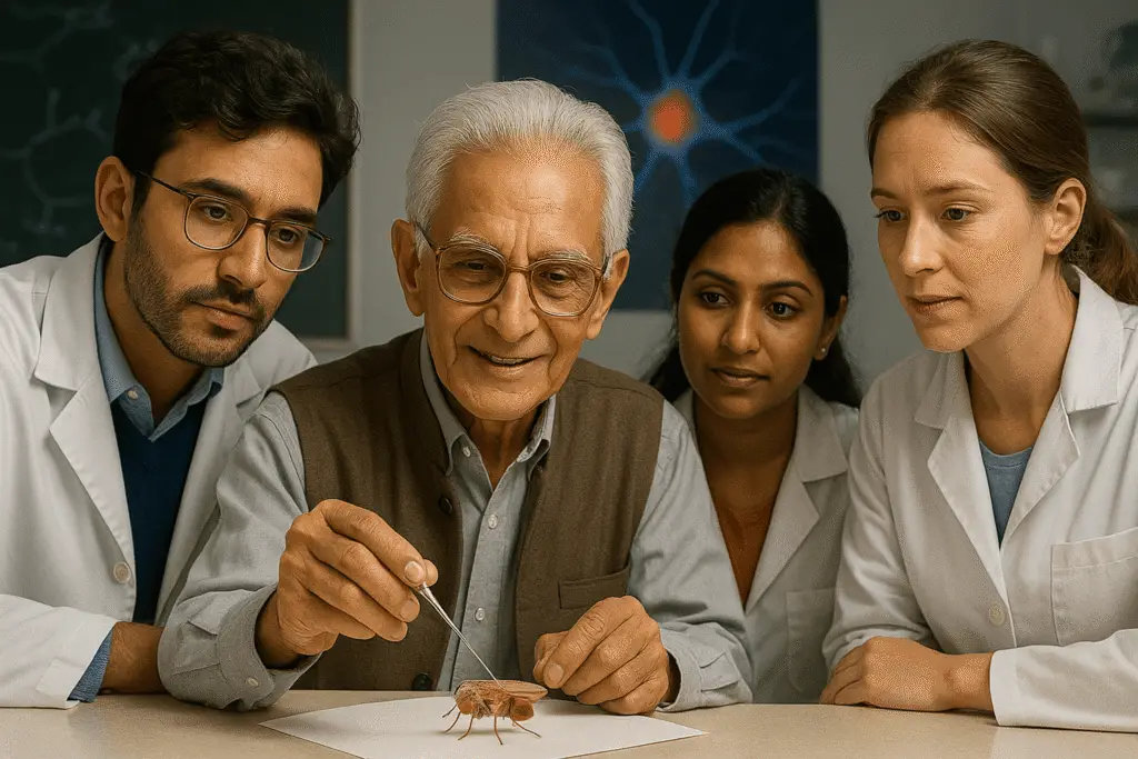 AI-generated image of Dr. Obaid Siddiqi working with fellow scientists.