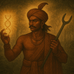 AI- generated image of Lord Birsa Munda and DNA in his hand.