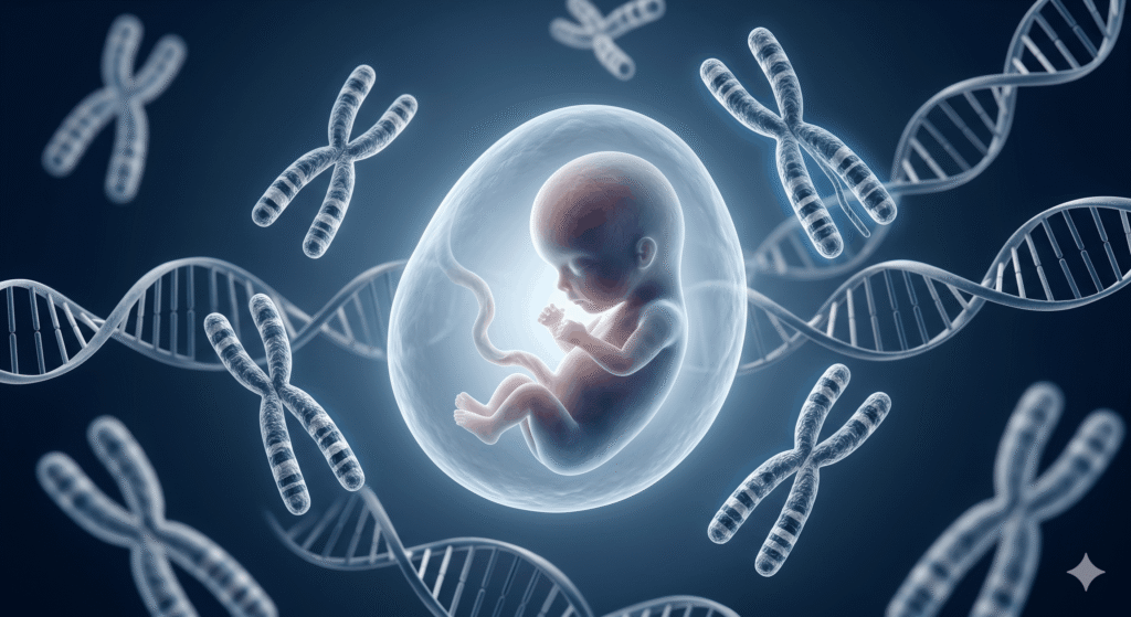 Image shows a fetus, DNA and chromosomes.