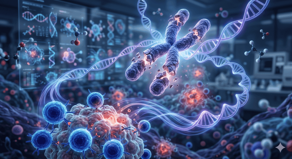 AI-generated image showing a chromosome, DNA and some cells