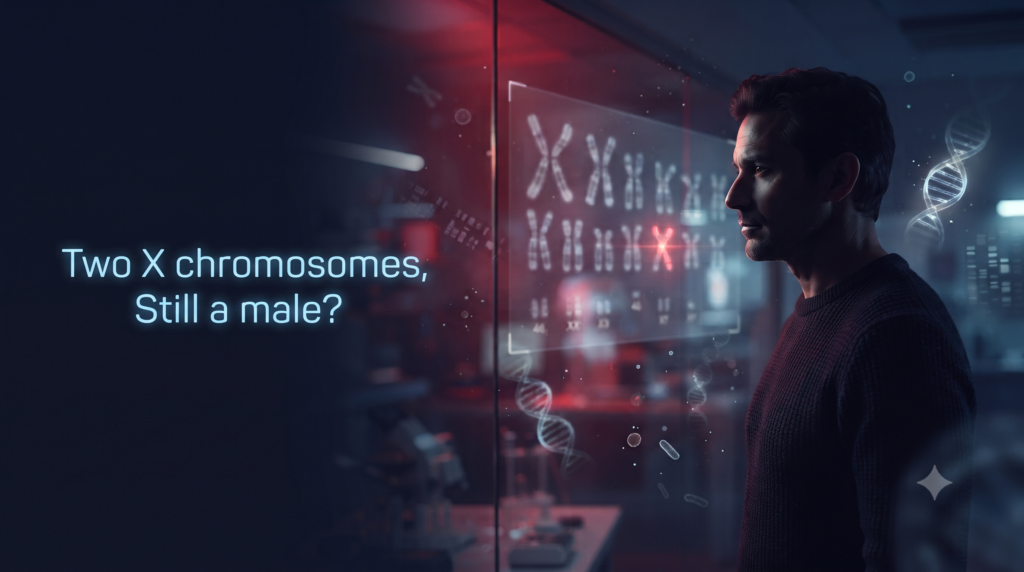 Image shows a person and a karyotype in the background